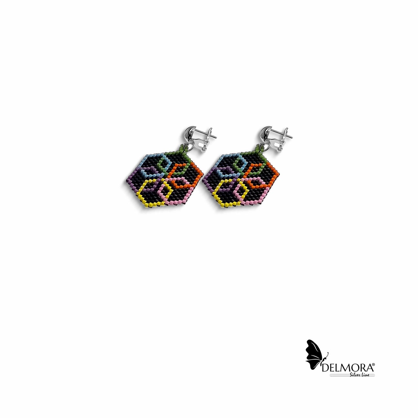 Black Multicoloured Silver Earrings