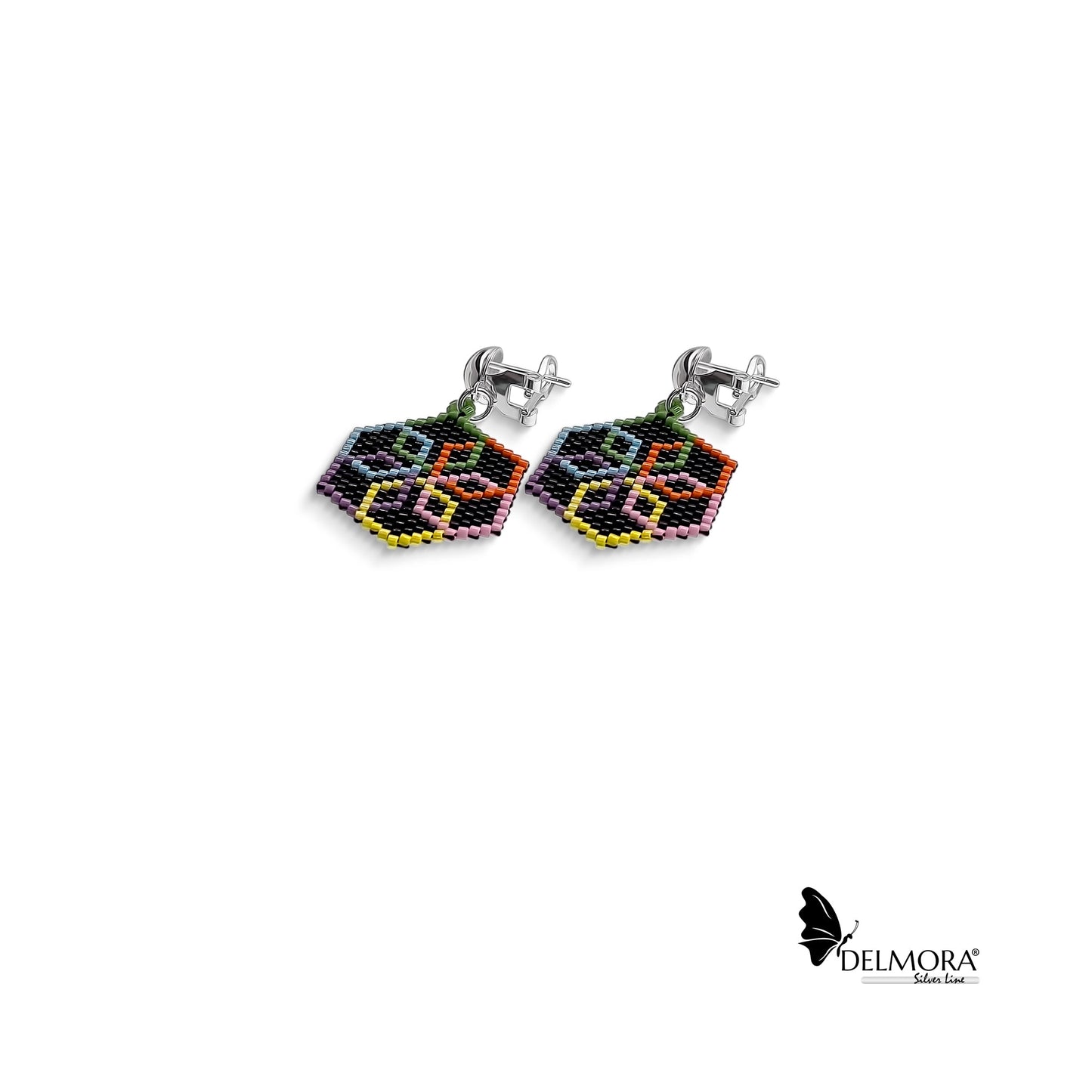 Black Multicoloured Silver Earrings